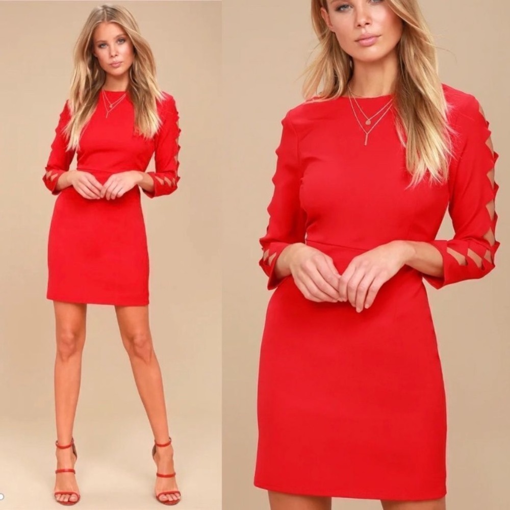 Lulu’s “Lights Down Low” Red Laser Cut-Out Long Sleeve Bodycon Dress